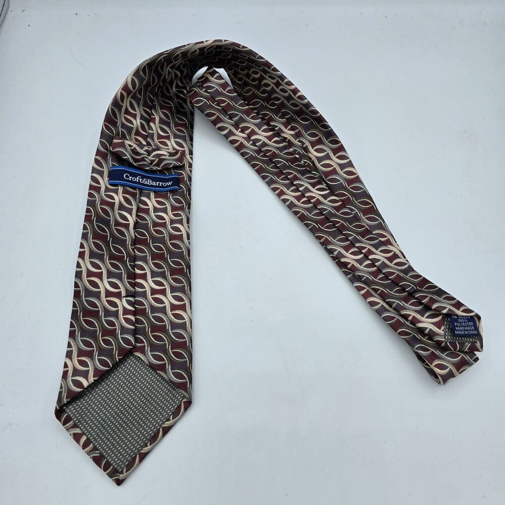 Mens Necktie Croft & Barrow Tie Red White Geometric 58" x 3.5" Vintage - Picture 3 of 6